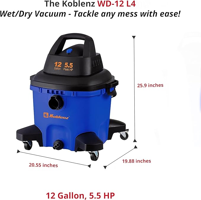 Koblenz Wet-Dry Vacuum, 12 Gallon Tank, 5.5 HP Vacuum Cleaner with 2-1/2" in x 7' Locking Hose, with a Blower Function, Blue/