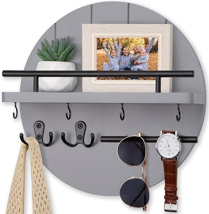 Nekon Key Holder Wall Mount, 11.8 Inch Key Rack with Shelf and 6 Key Hooks, Rustic Key and Mail Organizer, Circular Wooden Ke