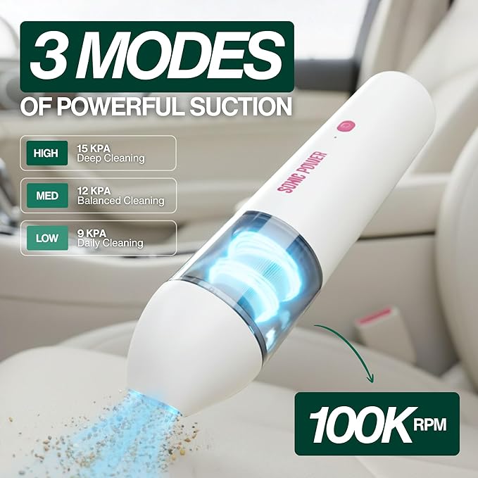 SonicPower Portable Cordless Car Vacuum, 15000Pa High Suction Handheld Vacuum Cleaner, 2-in-1 Vacuum & Blower, with 4 Attachm
