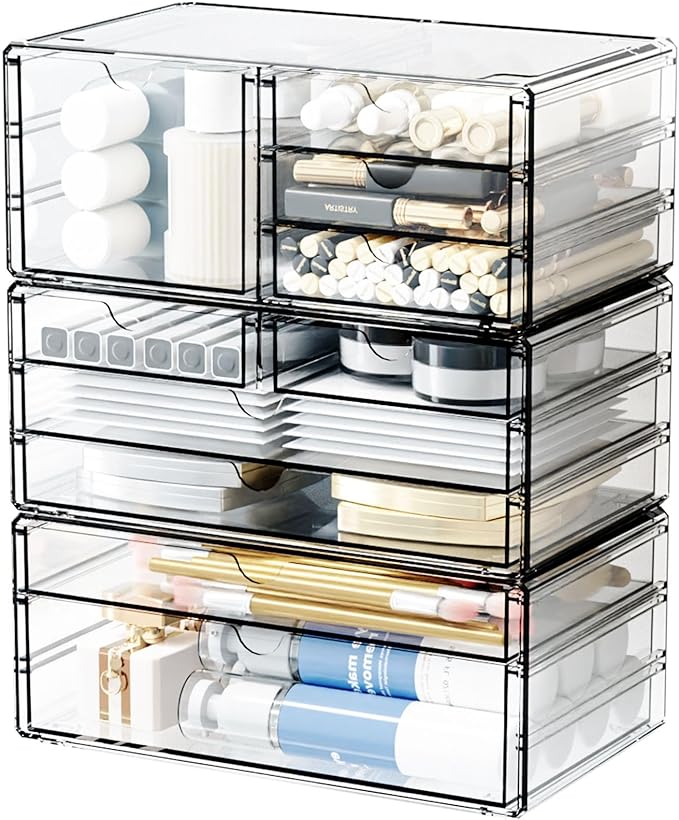 Yieach 3Pack Clear Drawer Organizers Stackable,Acrylic Storage Drawers With 10 Drawers,Multipurpose Office Supply Organizer a