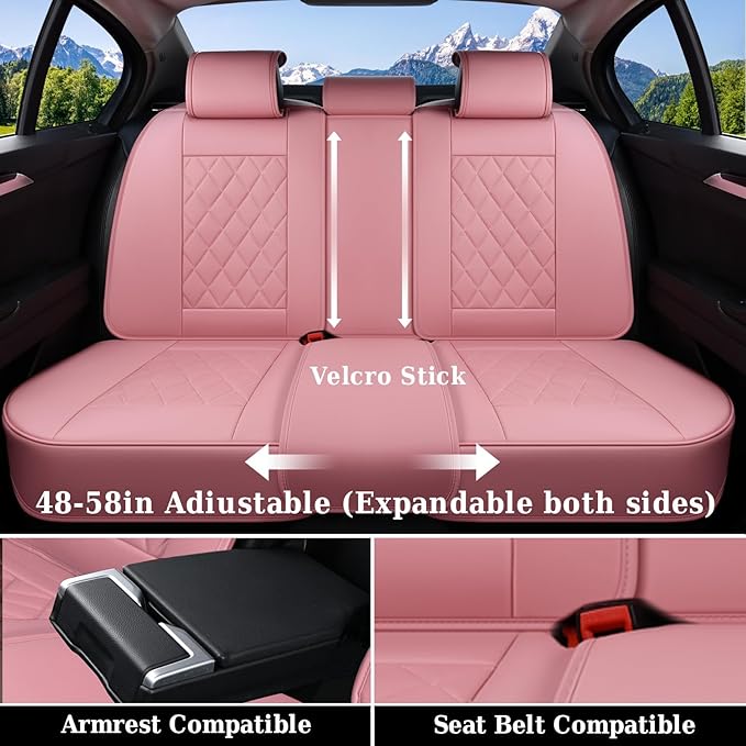 Coverado Car Seat Covers Full Set, Pink Leather Seat Covers for Cars, Universal Waterproof Car Seat Cover, Luxury Front and B