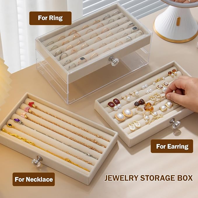 SPAKOWN Ring Box Display Holder, Clear Velvet Jewelry Storage Tray Organizer for Ring Stud Earring (Beige - 5 Drawers)
