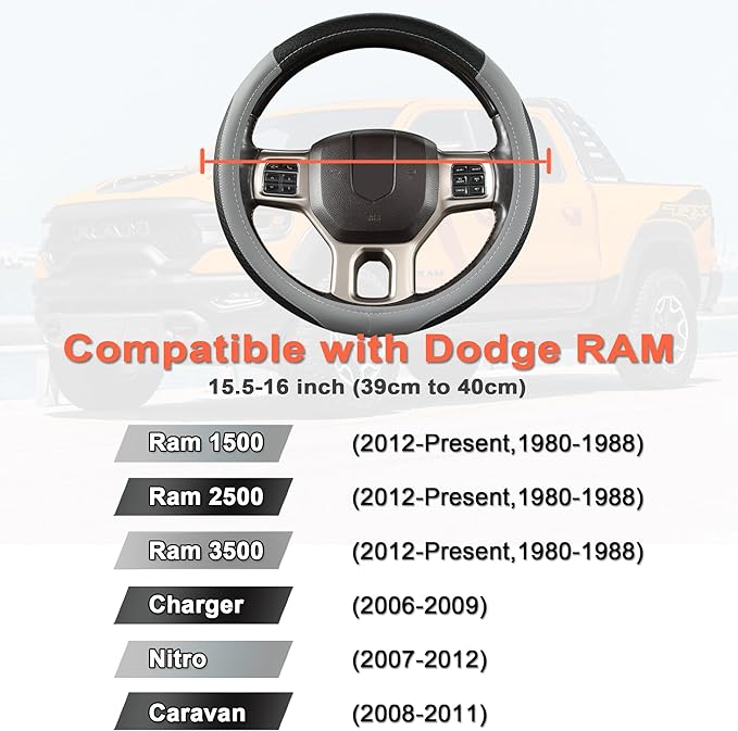 West Llama Customized Auto Car Steering Wheel Cover for Dodge RAM 1500 2500 3500, 15.5-16 inch(Black+Gray Line-Large Size)