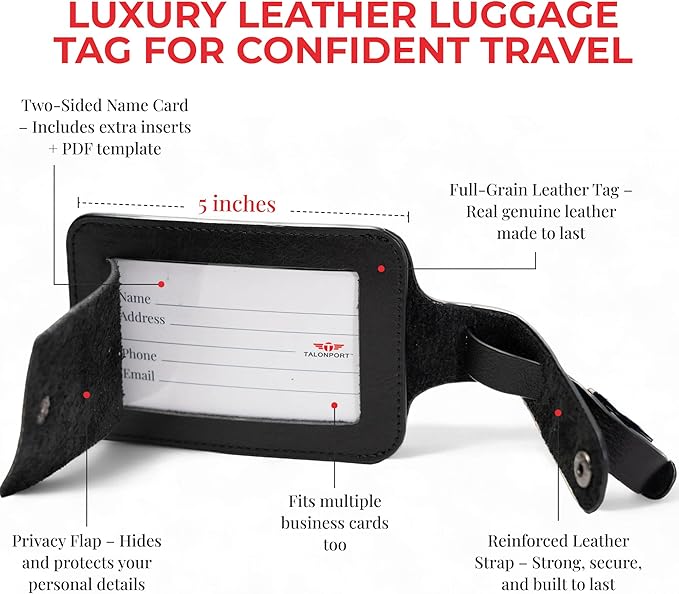 Genuine Leather Luggage Tag with Privacy Flap Set for Men Women Travel Easy with Suitcase Tags Identifiers (Black, 2 Pack)