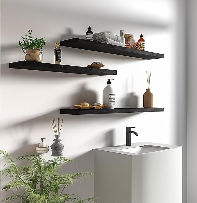36 Inch Floating Shelves for Wall Rustic Black Wood Wall Shelves for Bedroom Set of 4