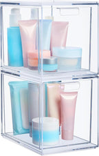 STORi Audrey Stackable Bin Clear Plastic Organizer Drawers | 2 Piece Set | Organize Cosmetics and Beauty Supplies on a Vanity