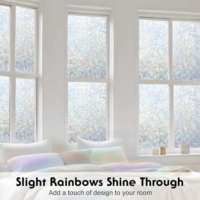 Volcanics Rainbow Window Privacy Film with Installation Tools, Decorative Stained Glass Window Film, Static Cling Heat Control Window Tinting Film Stickers, Grayish Silver, 17.5 x 78.7 inches