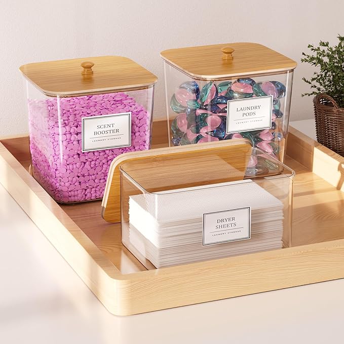 HomePekite 2 Pack Laundry Pods Container,Laundry Room Organization and Storage Containers with Wooden Lids & Labels Large Lau