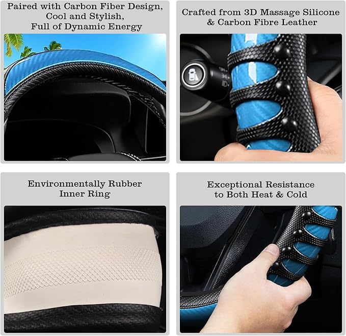 Car Leather Steering Wheel Cover - Carbon Fibre Material, Universal 14.5-15 Inch Leather Anti-Slip Breathable Auto Steering W