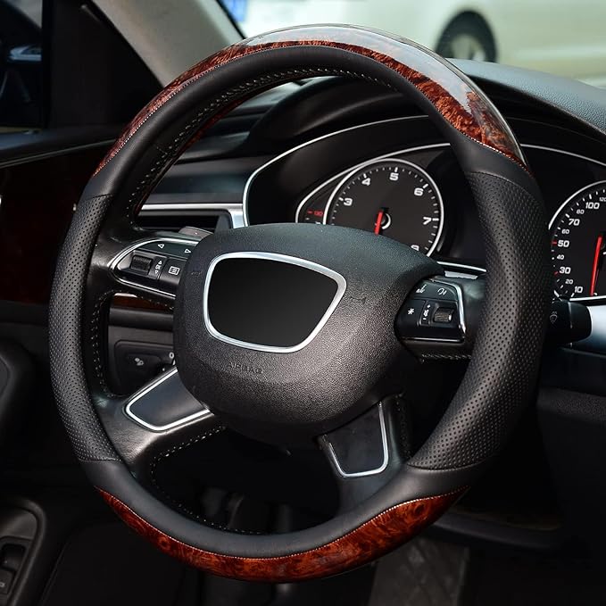 ZHOL 16 inch Steering Wheel Cover Wood Grain, Compatible Large-Size for F150 F250 F350 Ram 4Runner Tacoma Tundra Range Rover 