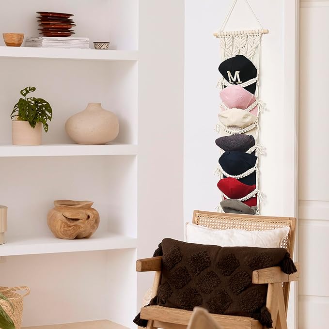 jontell Boho Ball Cap Hanger-2 Pack-Boho Macrame Cap Holder Wall Hat Organizer for Baseball Cap Holder Over Door, Hat Rack fo