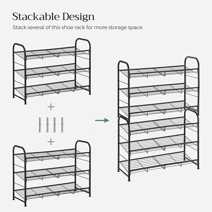 SONGMICS Shoe Rack, 3 Tier Shoe Organizer for Closet, Holds up to 12 Pairs of Shoes, Shoe Rack for Front Door Entrance, Metal