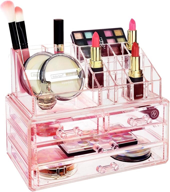 Ikee Design Pink Jewelry & Cosmetic Storage Display Boxes Two Pieces Set, Pink Cosmetic Jewelry Organizer Makeup Holder, Orga