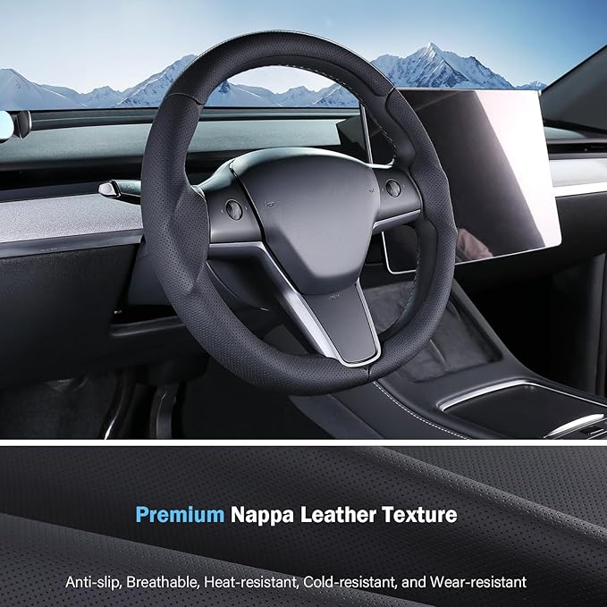Steering Wheel Cover for Tesla Model 3 (2017-2023) / Model Y (2020-2024),Anti-Slip,Comfortable Grip, Breathable,Customized for Tesla Model 3/Y Accessories,Nappa Black