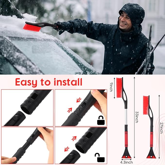27"-33" Snow Brush and Detachable Ice Scraper with Ergonomic Foam Grip Scalable Range 27" Winter Accessories for Cars Trucks SUV(Red)