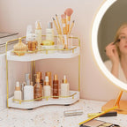 2-Tier Corner Bathroom Counter Organizer with Embedded Screw Holes, Secure & Stable Wood Vanity Shelf for Makeup and Skincare