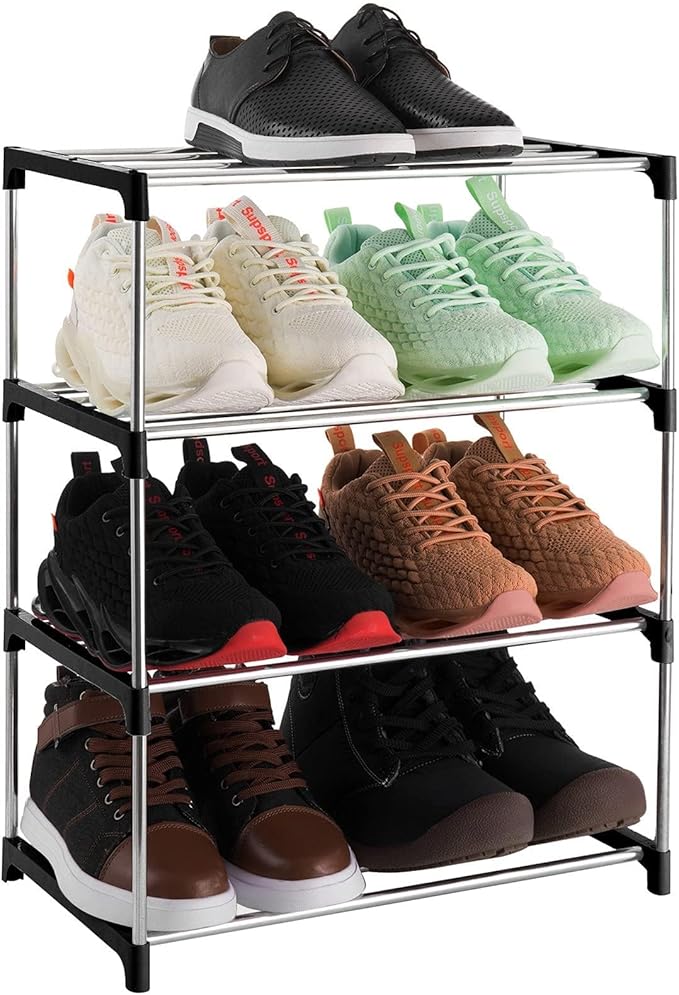 4-Tier Stackable Small Shoe Rack, Lightweight Shoe Shelf Storage Organizer for Entryway, Hallway and Closet(Black)
