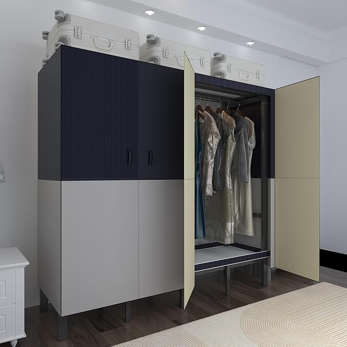 Foldable Portable Wardrobe Closet with Magnetic Doors & Cover, Heavy Duty Covered Clothes Rack with Hanging Clothing Rod, Met