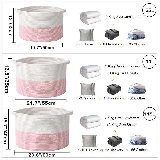 90L Extra Large Pink Woven Cotton Rope Basket with Handles, Kids Nursery Laundry Hamper for Toys, Blankets, Pillows & Comfort