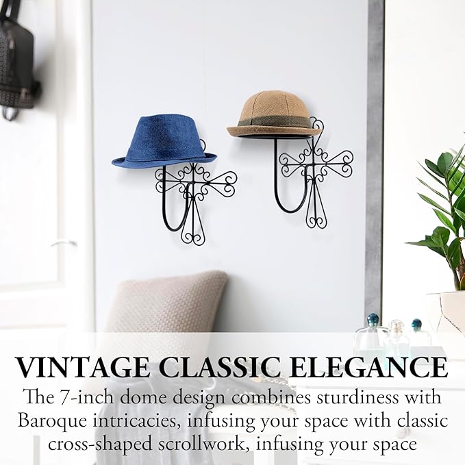 MyGift 2 Pcs Vintage Hat Holder Rack Wall Mount, Large Brim Hat Organizer Storage, Hanging Helmet Wig Display Dome, Scrollwor