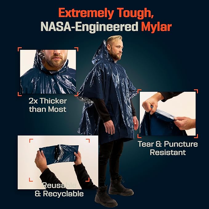 PREPARED4X Emergency Mylar Poncho – Survival Rain Poncho with Hood – Lightweight, Compact, Reusable Emergency Blanket Poncho 