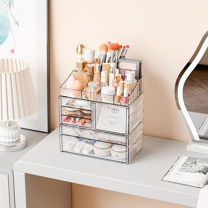 Yieach Acrylic Make up Organizers for Counter,Desk and Vanity,3 Pack Stackable Bathroom Counter Organizer with Drawers,Large 
