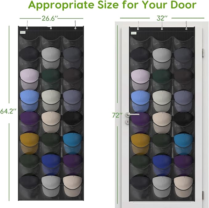 Unjumbly Baseball Hat Rack, 24 Pocket Over-The-Door Hat Organizer with Clear Deep Pockets to Display Baseball Caps Collection