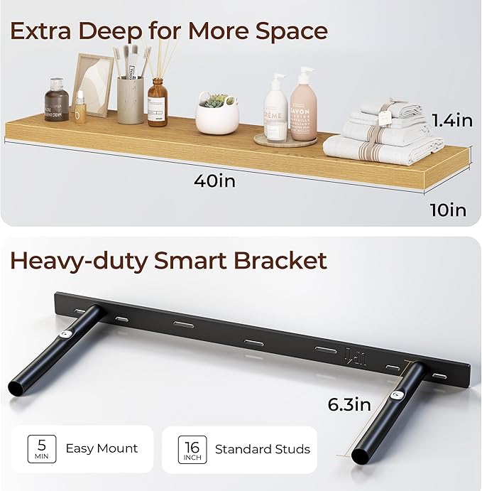 Fun Memories Floating Shelves for Wall 40 Inch Set of 3, Farmhouse Floating Shelves with Invisible Heavy Duty Bracket, 10 Inc