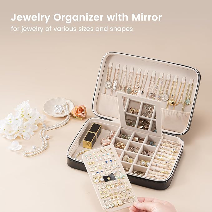 Lolalet Travel Jewelry Case for Women Girls, Travel Jewelry Organizer Box with Mirror & Clear Storage Bag, Small Portable Ear