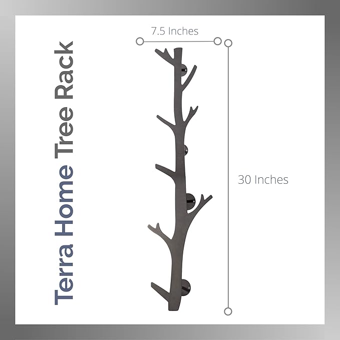 TERRA HOME Tree Branch Coat & Hat Rack Wall Mount with 8 Vertical Hooks for Caps, Coats, Purse & More Modern Storage Dog Leas
