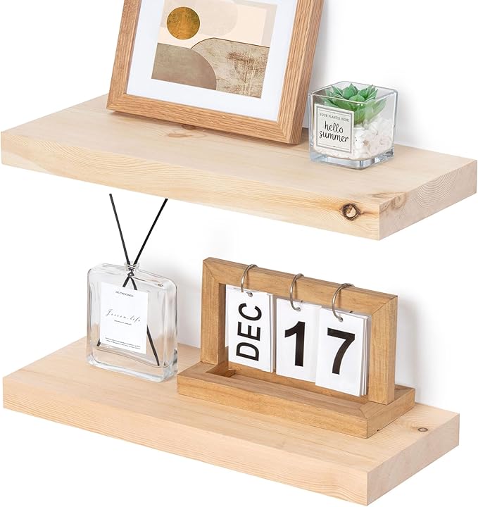 Marsmiles Natural Wood Floating Shelves | Unfinished Wood Wall Shelves Set of 2 | 16" W x 6.7" D Rustic Wooden Floating Shelv