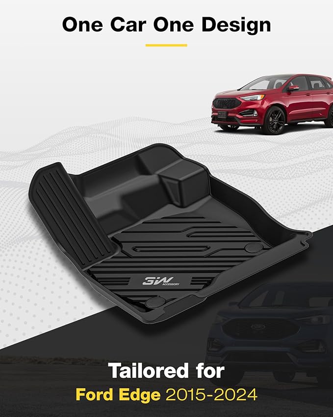 3W Floor Mats Fit for Ford Edge 2015-2024 and Edge ST 2019-2024, TPE All Weather Custom Fit Edge Floor Liner, 1st & 2nd Row Full Set Car Accessories, Black