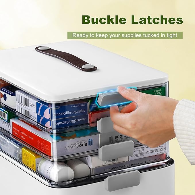 MOPALL 4-Tier Medicine Organizer Storage Box, Portable Latch Bin with Lid and Leather Handle, Cabinet Closet Organization for