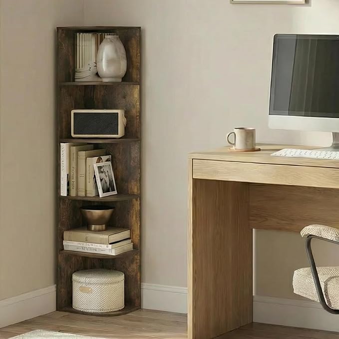 Furinno PASIR Book Shelf, 5-Tier Corner Bookshelf with Open Shelf, Standing Bookcase, 9.3 x 12 x 51.7, for Organization and S