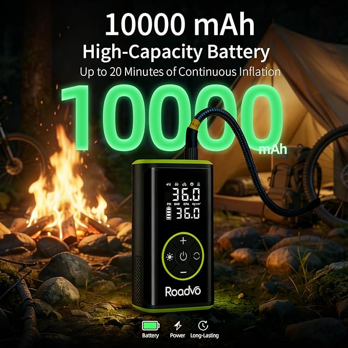 Roadvo Portable Tire Inflator Air Compressor, 150PSI Cordless Tire Pump & Bicycle Pump with 10000mAh Battery, 24L/Min Fast Inflation, Auto Shut-Off, Digital Gauge, LED Light for Car, Bike, Motorcycle