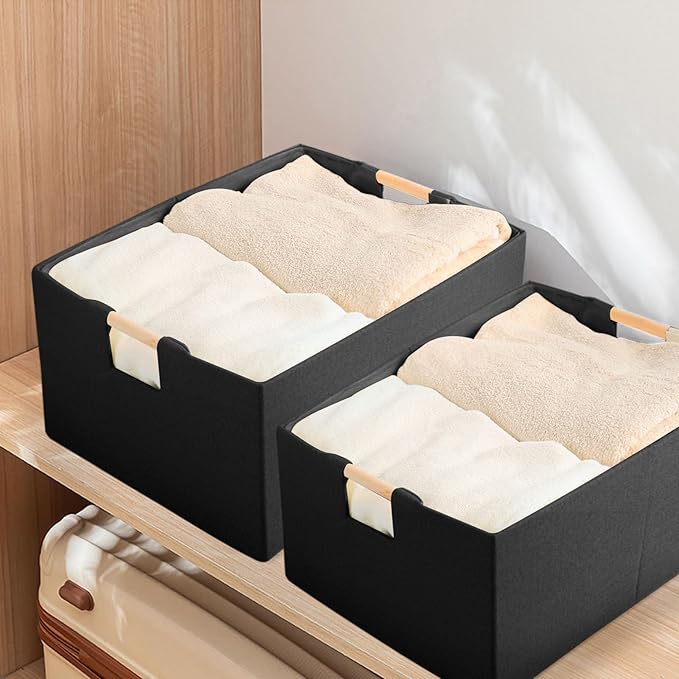 Fabric Storage Bin Box Foldable Cotton Linen Storage Basket with Wooden Handles Rectangular Cube Decorative Home Laundry Orga