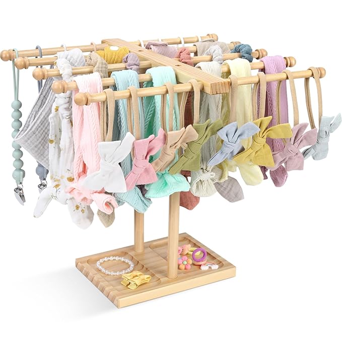 POVETIRE Headband Holder Stand Bow Organizer for Girls, 5 Row Wooden Bow Holder for Girls Hair Bows,Baby Headband Storage Inf