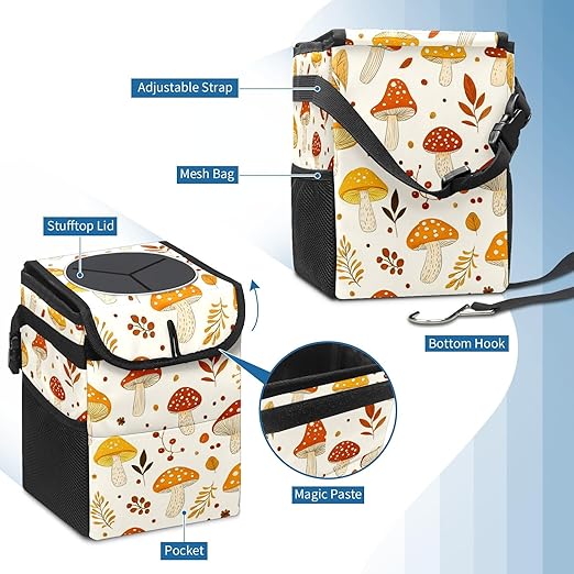 Car Trash Can – Multi-Purpose, Lightweight and Portable with Durable Water-Resistant Coating, No Installation Required, Practical and Ample Capacity, Variety of Colors.Mushroom
