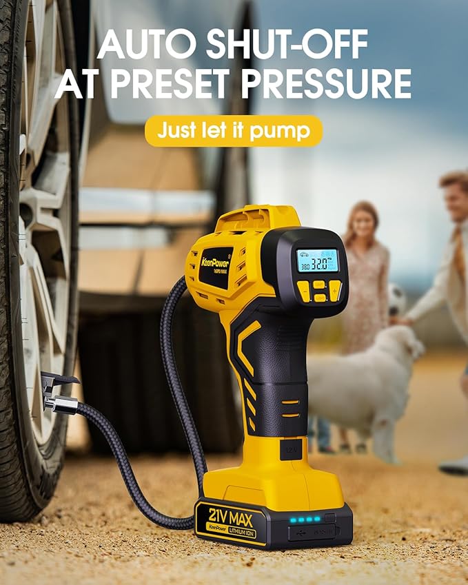 KeenPower Tire Inflator Portable Air Compressor - Super Fast - 21V Rechargeable Battery Powered Handheld 160PSI Tire Inflator, Dual Power Supply Modes, Portable Air Pump for Car Motorcycle E-Bike