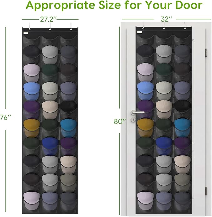Unjumbly Baseball Hat Rack, 30 Pocket Over-The-Door Hat Organizer with Clear Deep Pockets to Display Baseball Caps Collection