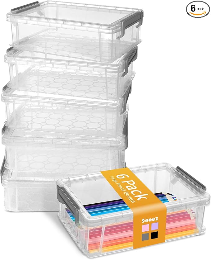 Sooez 6 Pack Extra Large Pencil Box, Plastic Pencil Case Crayon Box, Clear Marker Organizer Plastic Containers with Lid, Stac