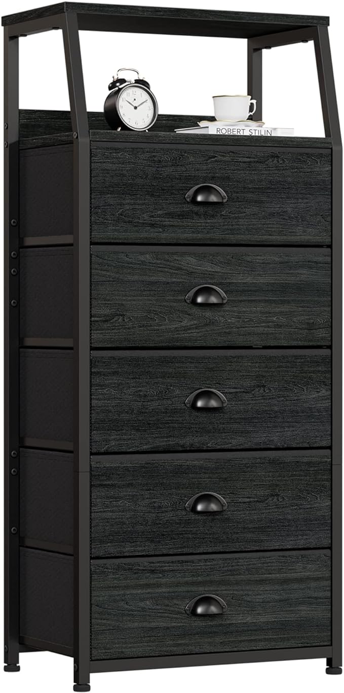 Furnulem Black Dresser with 5 Drawers, Vertical Storage Tower Fabric Dresser for Bedroom, Hallway, Entryway, Nursery, Closet 