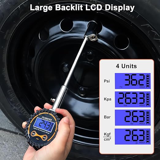 Semi Truck Tire Pressure Gauge Digital 200 PSI, Heavy Duty Dual Head Tire Guage and Backlight LCD Display, Digital Pressure Gauges Certified ANSI B40.1 for Car, Truck, SUV