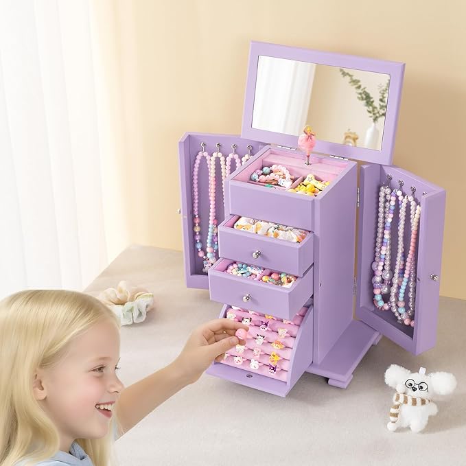 Emfogo Musical Jewelry Box for Girls, Large Kid Music Box with Ballerina for Birthday Bedroom Decor, 5 Layer Girl Jewelry Gif