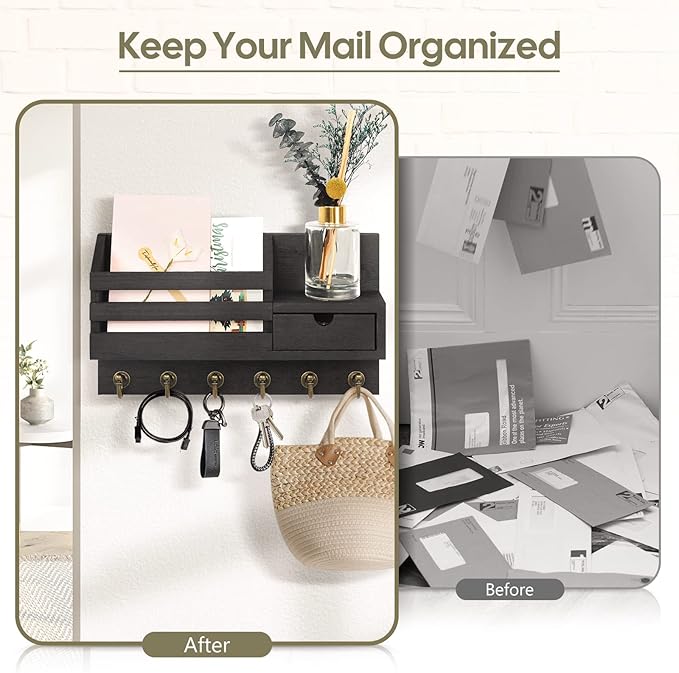 FifthQuarter Key and Mail Holder for Wall, Mail Organizer Wall Mount with 6 Hooks and Storage Drawer, Easy Installation Key R