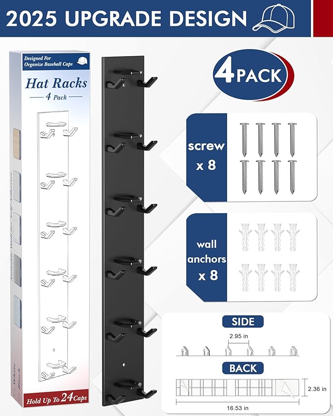 Nunibum Hat Organizer for Baseball Caps 4 Pack, Hat Rack for Wall Hold up to 24 Hats with Strong Adhesive, Multilayer Organiz