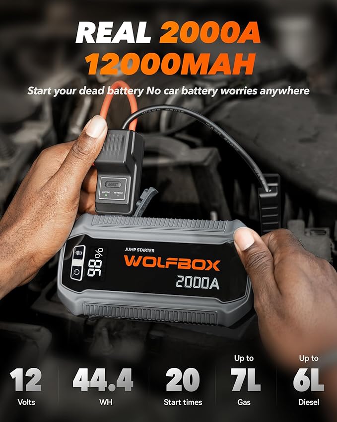 WOLFBOX 2000A Jump Starter, 44.4Wh Battery Jumper Starter Portable with LED Display, 12V Car Battery Jump Starter Pack