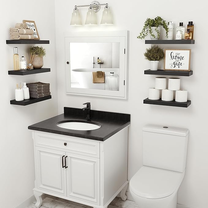 Vivelove Black Bathroom Shelves Over Toilet, 16" Floating Shelves, Wall Shelf for Bathroom Bedroom, Living Room, Kitchen, Off