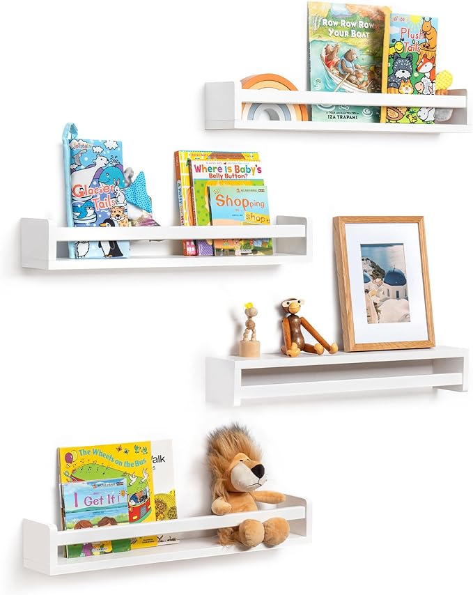 Fun Memories Nursery Book Shelves - Rustic Natural Solid Wood Floating Bookshelf for Kids - Wall Book Shelves for Kids Room (