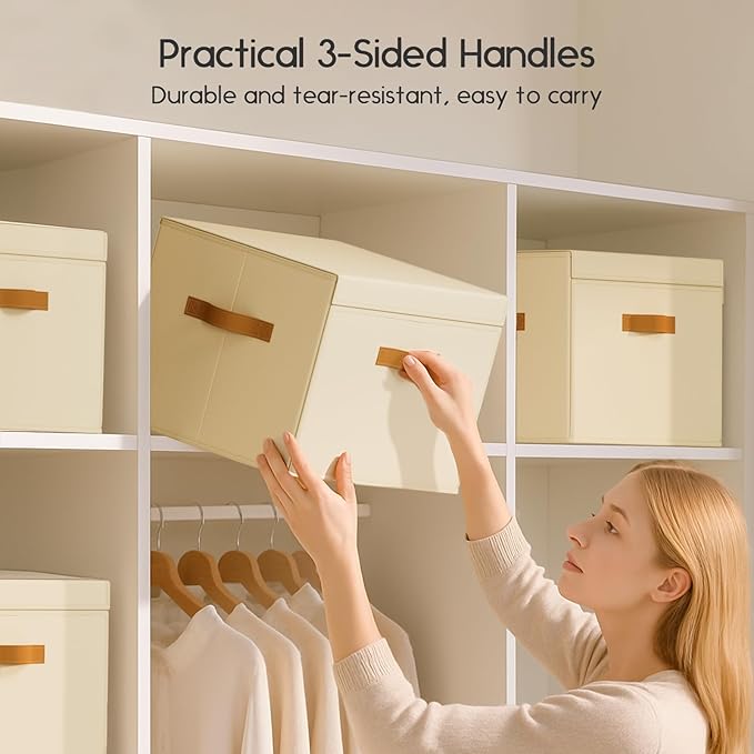 Homsorout Large Storage Bins with Lids - Front Opening Fabric Storage Bins, Flap Closet Organizer with Handles, Collapsible B